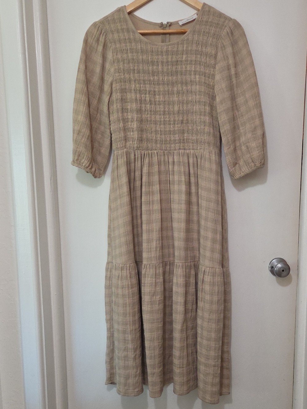 Neuflora Smocked Midi Dress in Neutral Plaid - Beige